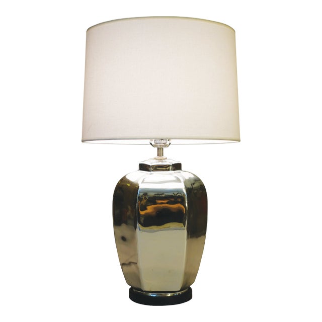 1970s Mid Century Modern Mercury Glass Ginger Jar Chrome Silver Table Lamp For Sale