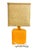A vibrant orange ceramic table lamp with cube shaped body and square burlap shade.