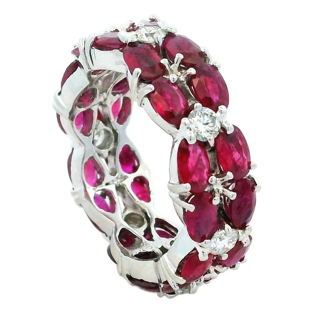 18k White Gold Ruby and Diamond Eternity Band Ring, 5.50 Carats, Size 8 For Sale