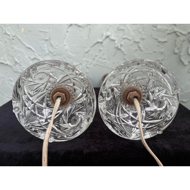 Vintage Cut Crystal Boudoir Table Lamps – Pair With Diamond Point Columns & Eagle Sockets For Sale - Image 10 of 11