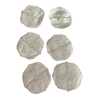 Vintage Wine Linen Stemware Coasters Antique White Embroidered English Cottage - Set of 6 For Sale