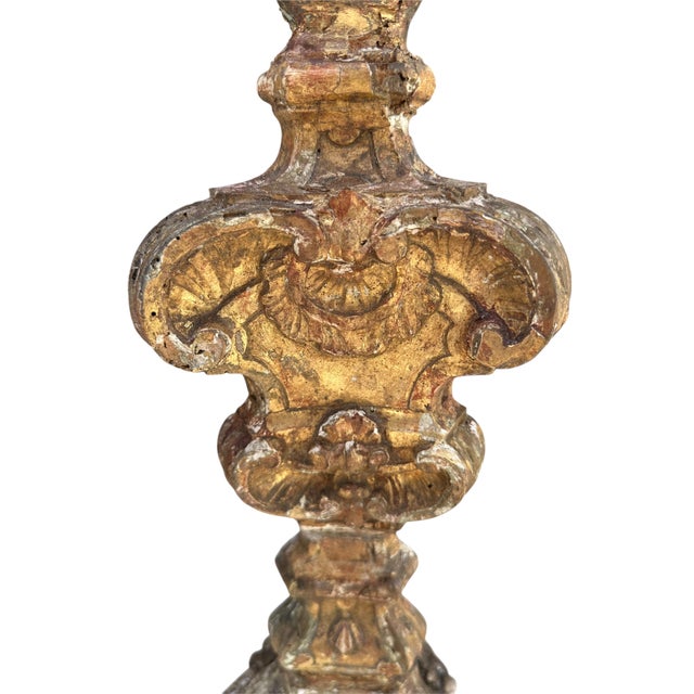 Pair 17th Century Large Italian Baroque Gilded Carved Candlesticks Torchieres For Sale - Image 9 of 18