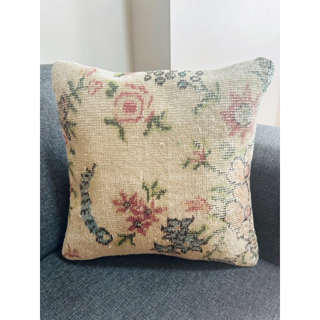 Textile Vintage Isparta Turkish Rug Pillow Cover | Floral Wool Cushion Cover 16x16 | Handmade Boho Throw Pillow | Hidden Zipper For Sale - Image 7 of 8