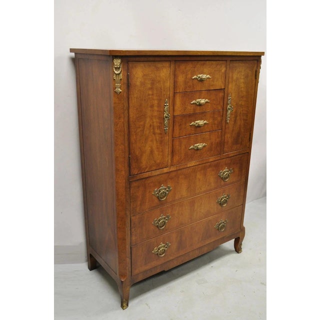 Vintage Henredon French Louis XV Style Banded Walnut Tall Chest Dresser. Item features ornate brass ormolu, leafy scroll...