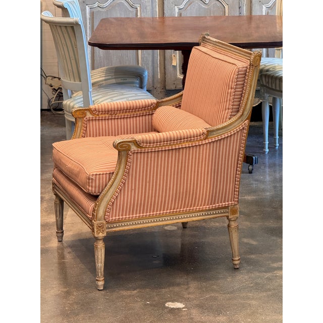 1950s Pair of Carved & Giltwood Bergeres With Striped Upholstery For Sale - Image 4 of 9