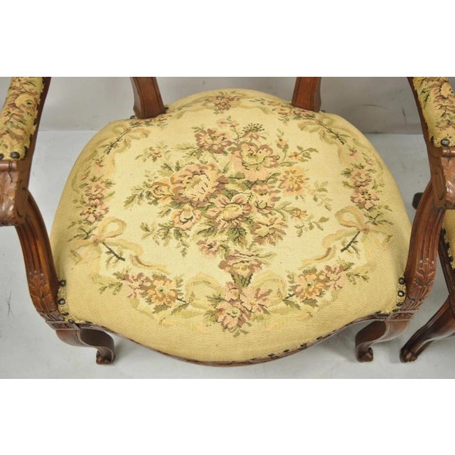 Antique French Country Louis XV Victorian Floral Tapestry Arm Chairs - A Pair For Sale In Philadelphia - Image 6 of 12