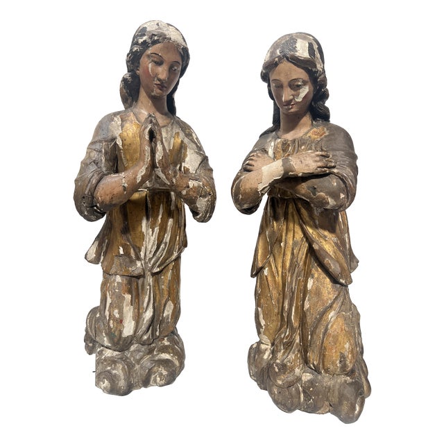 Adoring Angels, 1700s, Polychrome and Gilded Carved Wood, Set of 2 For Sale