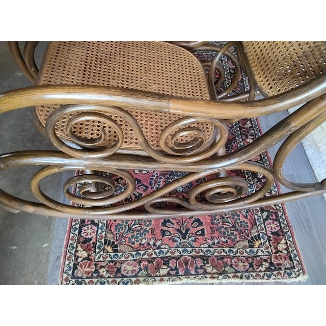 Vintage Thonet Style Bentwood Cane Rocking Chair With Scrollwork For Sale - Image 4 of 14