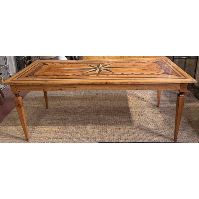 Spanish Colonial Revival Marquetry Farmhouse Dining Table, Compass Star Inlay For Sale - Image 4 of 14
