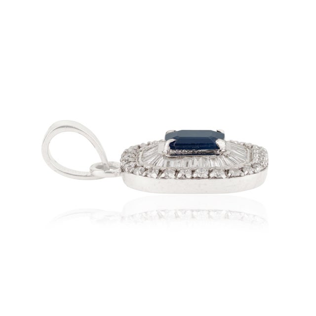 Metal Radiant Emerald-Cut Deep Blue Sapphire & Diamond Halo Pendant in 14k Gold For Sale - Image 7 of 14
