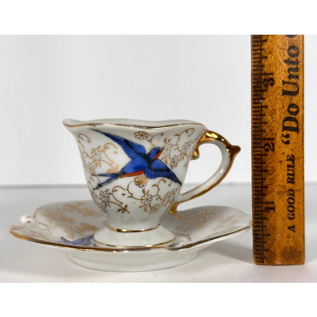 Mid 20th Century Japanese Blue Bird Swallow Demitasse Cup & Saucer For Sale - Image 10 of 12
