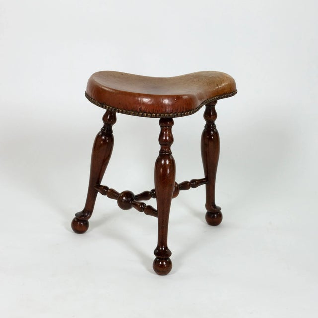 Turned Mahogany Three-Legged Saddle-Seat Stool, Leather Seat With Nailhead Trim English Circa 1850 For Sale - Image 4 of 9