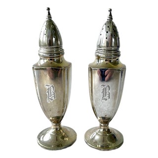 Antique Sterling Silver Salt and Pepper Shakers Featuring a Monogrammed For Sale