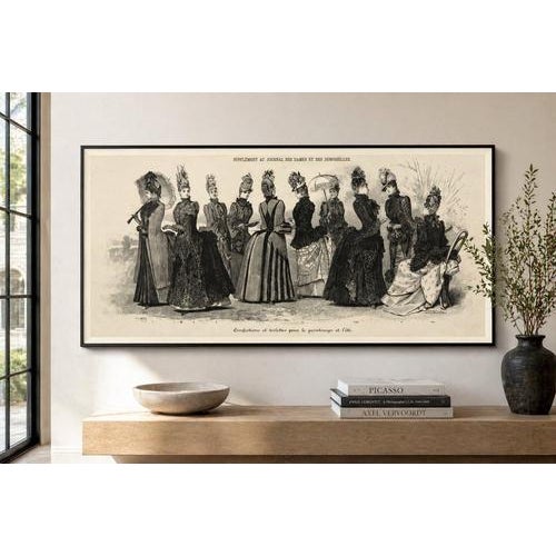 Large French Fashion Plate, Panoramic Couture Study, Paris, c.1887 A rare and visually striking large-format 19th-century...