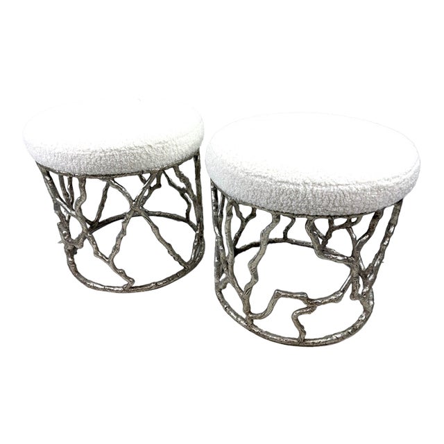 Modern Faux Bois Nickel Plated Benches/ a Pair For Sale