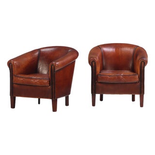 Pair of Leather Art Deco Style Dutch Club Chairs, C. 1960 For Sale