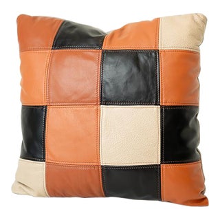 Contemporary Patchwork Leather Checkerboard Square Throw Pillow in Orange, Black and Cream, 16 Inch For Sale