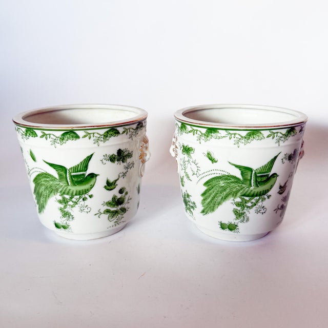 English Mid Century Pair of Porcelain Green Bird Cache Pot Planters With Lions Heads For Sale - Image 3 of 9