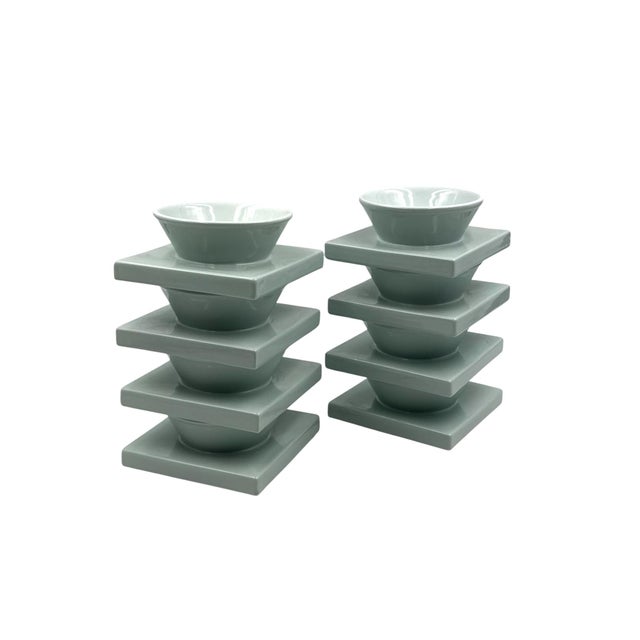 Set of 9 ceramic light blue ceramic snack, dessert bowls manufactured I + I Italy, 1970s Stacked bowls can form postmodern...