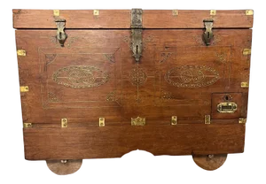 Antique Anglo-Indian Marriage Dowry Campaign Chest on Wheels, 1900s