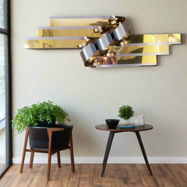 Brass 1989 Curtis Jere Brass & Chrome Flash Ribbon Wall Sculpture For Sale - Image 8 of 8
