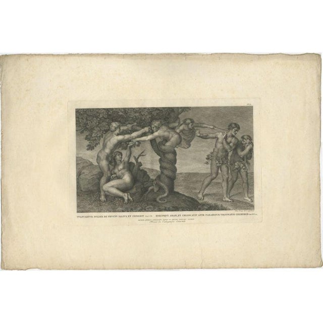 Antique print religion titled 'Tulit Igitur Mulier de Fructu Illius, et Comedit (\.)'. This print depicts Temptation and...