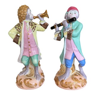 Pair of Vintage Hand-Painted Porcelain Singerie Monkey Musician Figurines For Sale