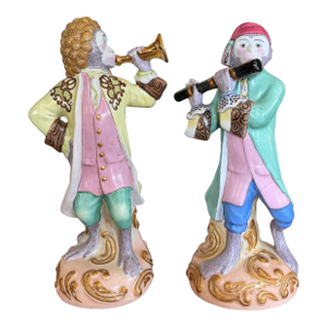 Pair of Vintage Hand-Painted Porcelain Singerie Monkey Musician Figurines