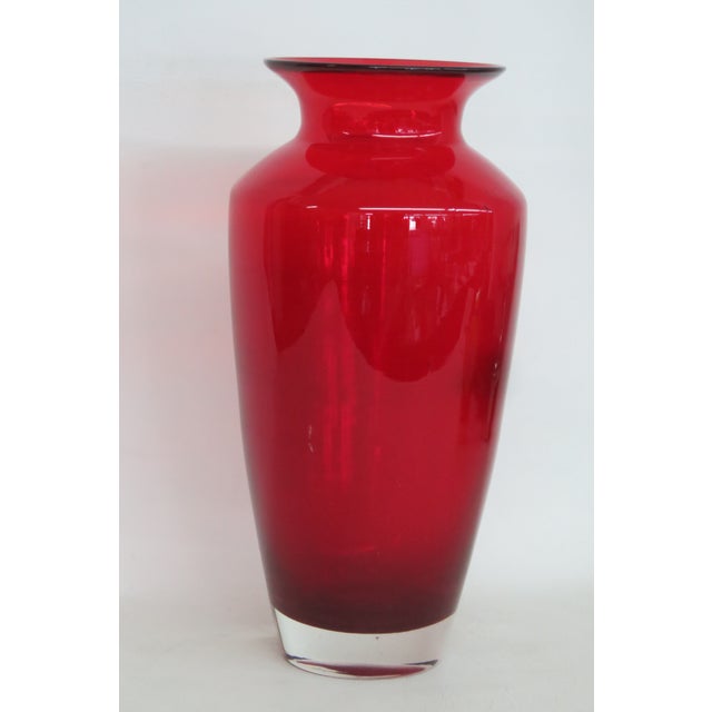 Mid-Century Modern Hand Blown Ruby Red Tall Vase With Flared Opening and Clear Base 5084b For Sale - Image 3 of 11