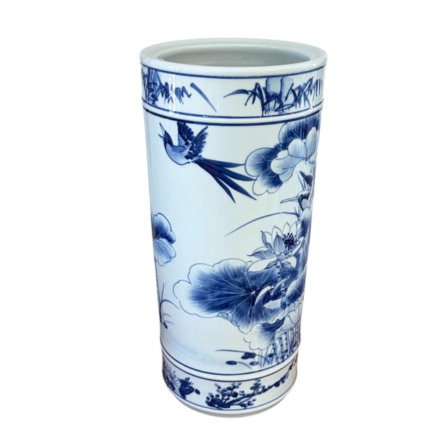 Ceramic Chinoiserie Blue and White Porcelain Vase/Umbrella Holder 20" H For Sale - Image 7 of 8