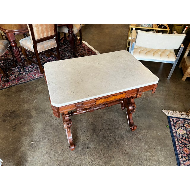Traditional Mid 19th Century Walnut Marble Top Heavy Base Parlor Table For Sale - Image 3 of 7