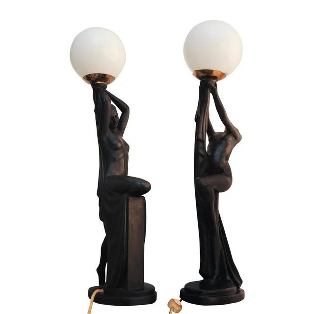 Art Deco Ebonized Plaster Nude Feminine Form Table Lamps, 1930s, Set of 2 For Sale - Image 4 of 12