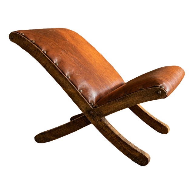 Mid-Century Wood and Leather Stool, Europe, 1970s For Sale