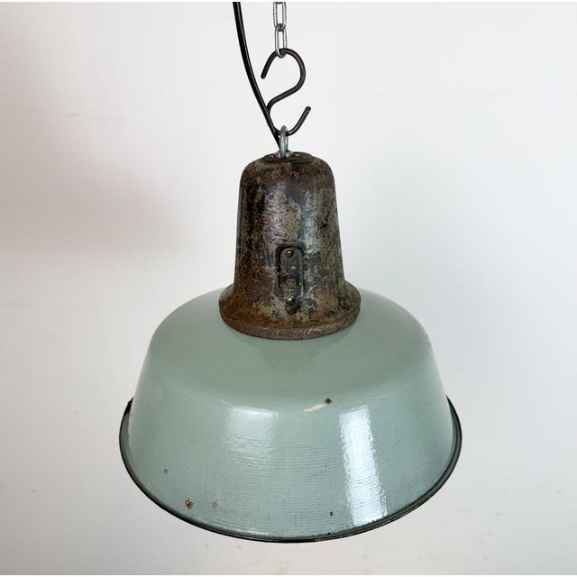 Industrial Petrol Enamel Factory Lamp with Cast Iron Top, 1960s For Sale - Image 6 of 18
