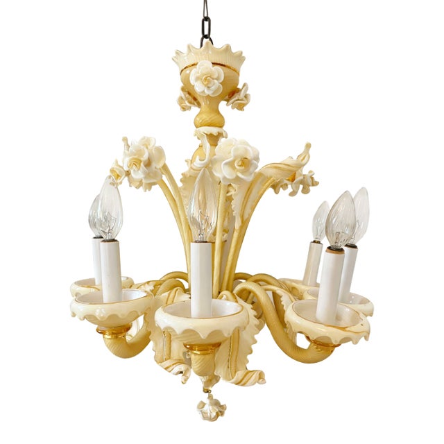 Vintage Murano Glass Chandelier – Hand-Blown Italian Art Glass, Ivory & Gold For Sale