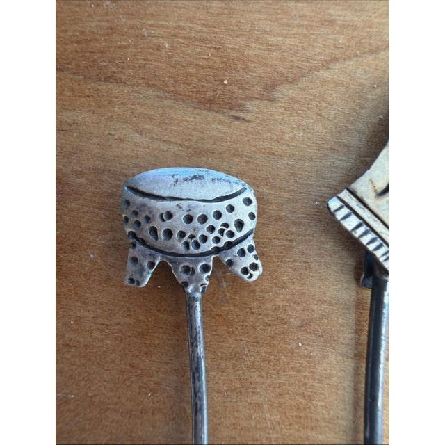 Mid-Century Modern Vintage 925 Sterling Silver Figural Cocktail Picks – Man, Drum, Blanket & House For Sale - Image 3 of 9