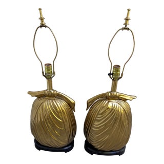 1960s E.F. Chapman Dorothy Draper Style Draped Brass Swan Lamps Pair For Sale