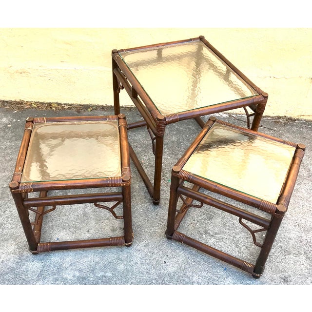 Vintage Brown Bamboo Rattan Glass Top Asian Style Tables Set Of Three Chairish