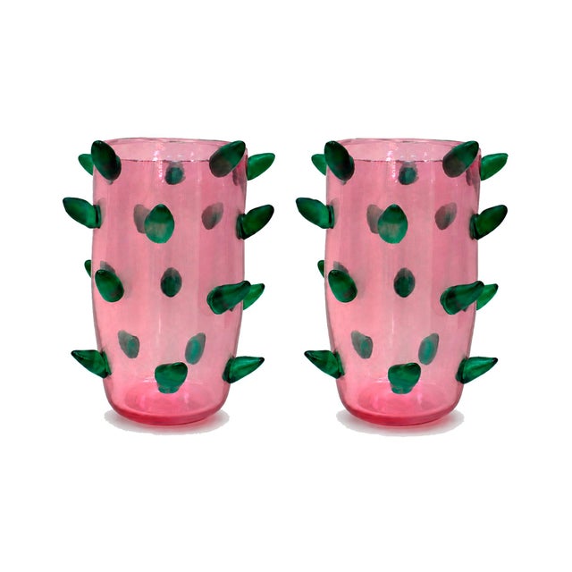 Art Deco Style Pink and Green Murano Glass Vases with Applied Spikes, 1980, Set of 2 For Sale - Image 9 of 9
