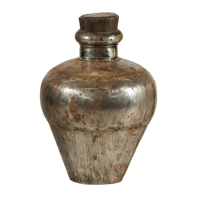 Vintage Indian Handcrafted Metal Water Vessel with Wooden Stopper For Sale - Image 14 of 18