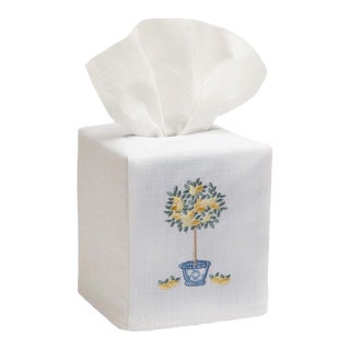 Lemon Branch Tissue Box Cover White Linen & Cotton, Embroidered For Sale