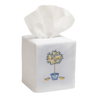 Lemon Branch Tissue Box Cover White Linen & Cotton, Embroidered For Sale