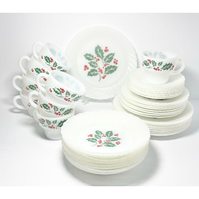 Contemporary 1970s Vintage 40-Piece Milk Glass Dinnerware Set Service 8 Holly Christmas For Sale - Image 3 of 7