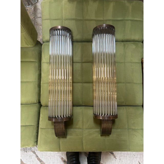 Italian Pair of Vintage Italian Art Deco Wall Sconces in Bronze and Glass For Sale - Image 3 of 14