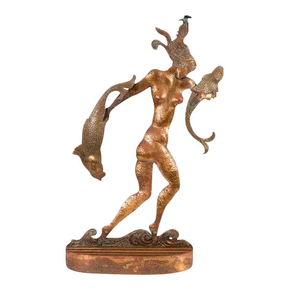 Art Deco Sculpture of a Nude Woman Carrying Fish For Sale