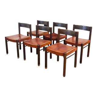 1960s Robert and Trix Haussmann Mid Century Tiger Oak and Saddle Leather Dining Chairs - Set of 6 For Sale