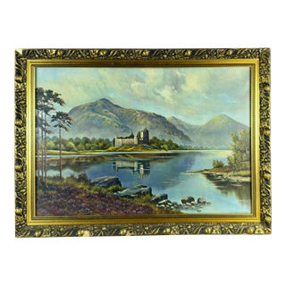 Antique English Framed Highland Loch Landscape With Castle, Signed 'Tr Sanderson' For Sale
