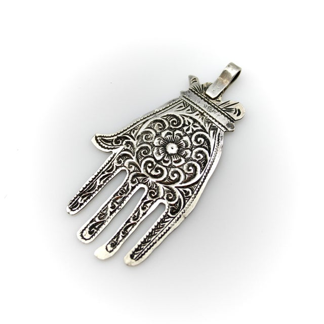 Modern Vintage Berber Hand of Fatima / Hamsa Sterling Silver Pendant With Central Flower Motif For Sale - Image 3 of 9