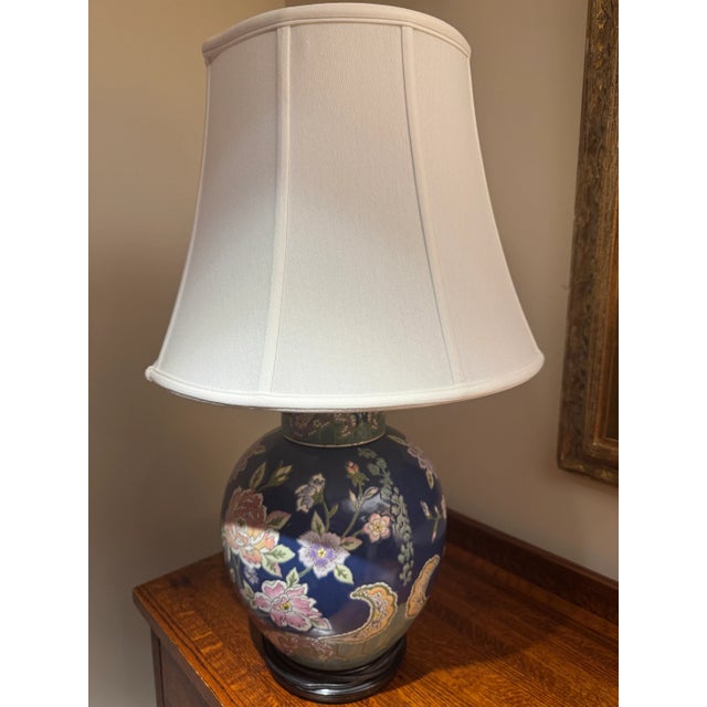 Asian Blue Famille Rose Ginger Jar Asian Lamp For Sale - Image 3 of 7