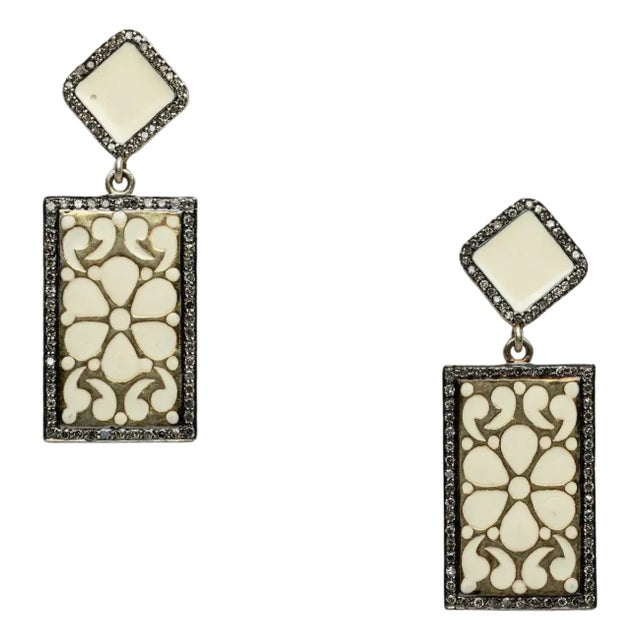 White Enamel and Diamond Dangle Earrings For Sale